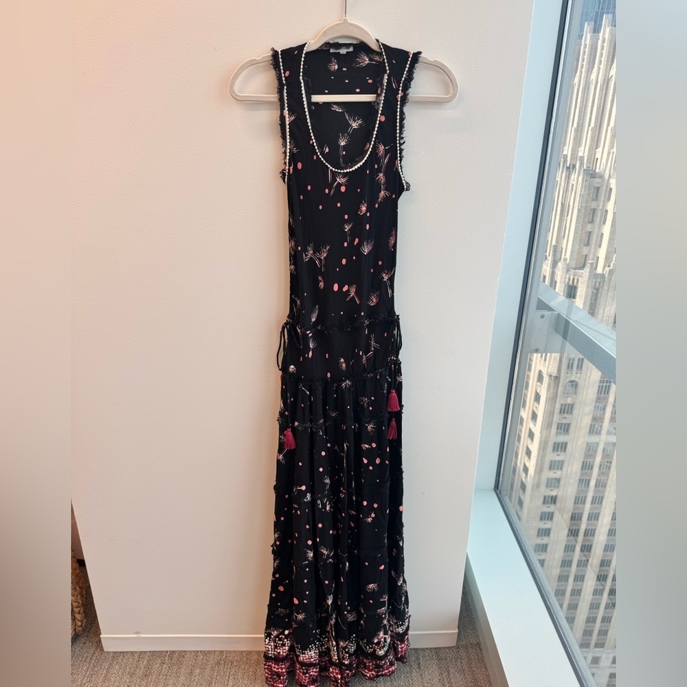 Poupette St. Barth Bety Tassle Fringe Tiered Black Pink Floral Maxi Dress